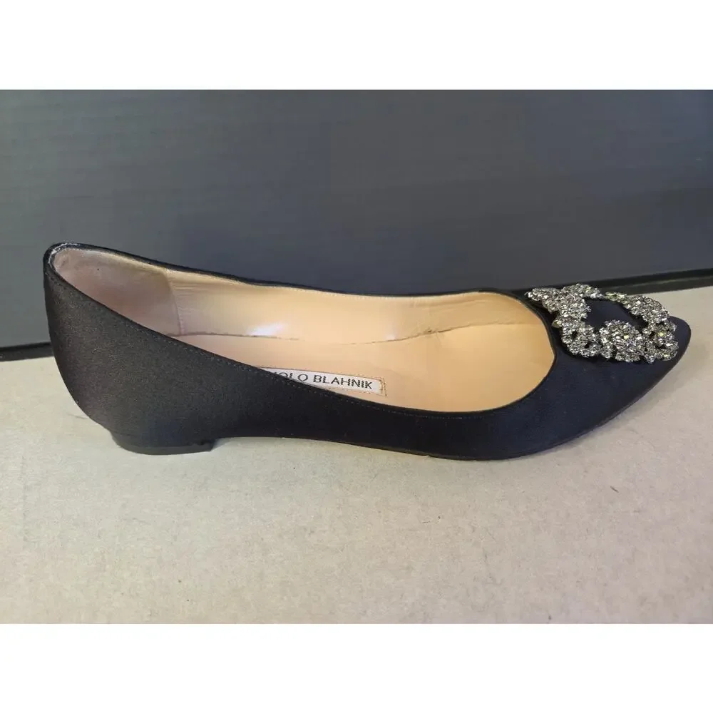 Manolo Blahnik Hangisi Jewel Buckle Flat Pumps Black Satin Women's 36 US8 w/Box